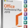 Microsoft Office 2019 Professional Plus box with a sleek red and white design, featuring clean typography and aligned icons for various Office applications like Word, Excel, and PowerPoint