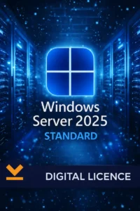 Imagine promotionala Windows Server 2025 Standard, cu logo Windows iluminat, intr-un centru de date modern cu servere albastre si efecte digitale futuriste.