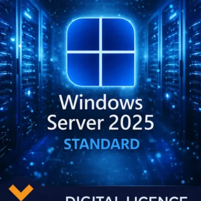 Imagine promotionala Windows Server 2025 Standard, cu logo Windows iluminat, intr-un centru de date modern cu servere albastre si efecte digitale futuriste.